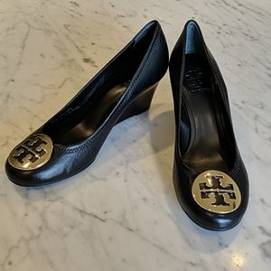 Tory Burch Black Wedge with Gold Logo Emblem